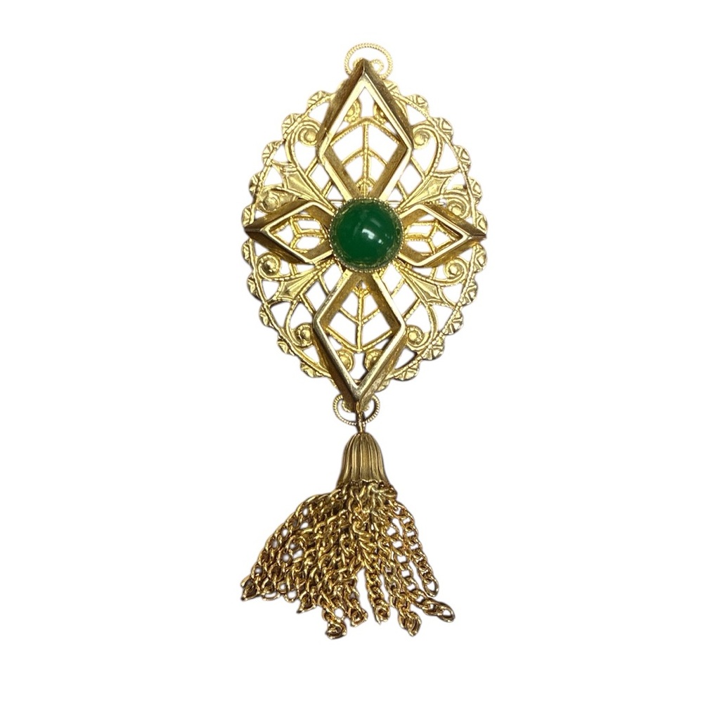 Sarah Coventry Gold Green Cabochon Brooch with Tassel